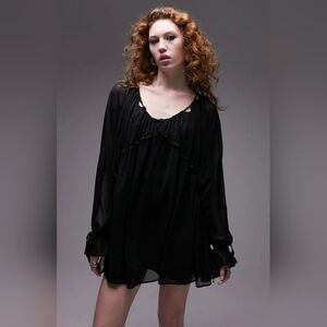 Topshop Cutout Tie Neck Long Sleeve Shift Dress In Black Size 6 Oversized